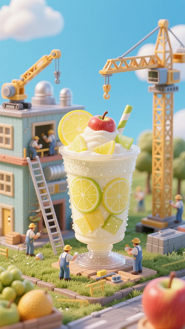 超大杯的鲜榨柠檬苹果奶昔冰沙作为视觉中心，水果冰淇淋制作工厂，蓝天白云，草地，梯子，机械臂，吊机，工地，工人在做工