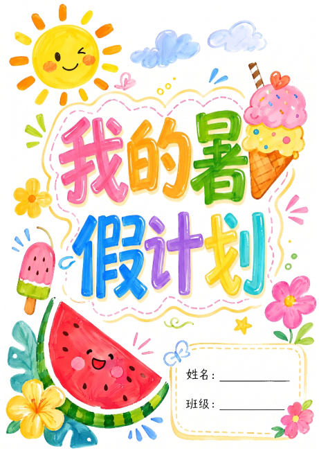 将原大标题“缤纷暑假”替换为“我的暑假计划”，保持原有马克笔手绘水彩风格不变，保持彩色立体字设计，保留所有太阳、冰淇淋、西瓜等装饰元素以及下方姓名班级填写框，背景保持纯白色预览效果