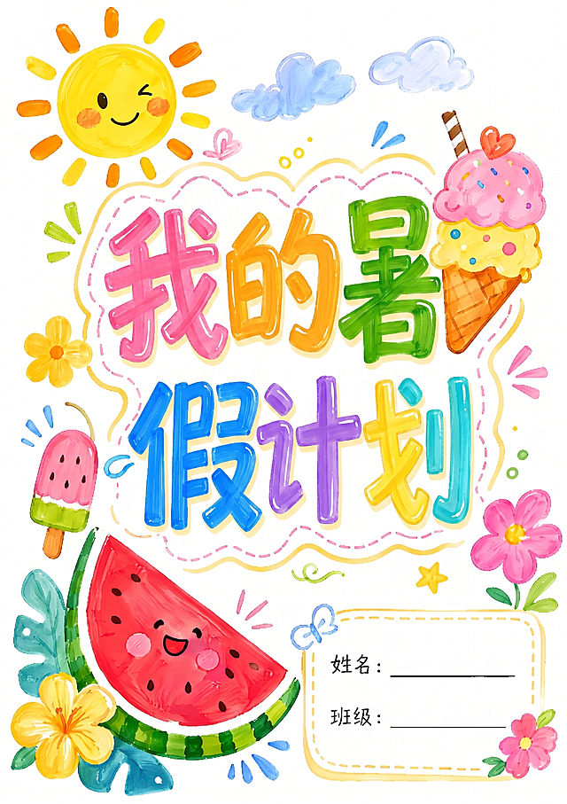 将原大标题“缤纷暑假”替换为“我的暑假计划”，保持原有马克笔手绘水彩风格不变，保持彩色立体字设计，保留所有太阳、冰淇淋、西瓜等装饰元素以及下方姓名班级填写框，背景保持纯白色