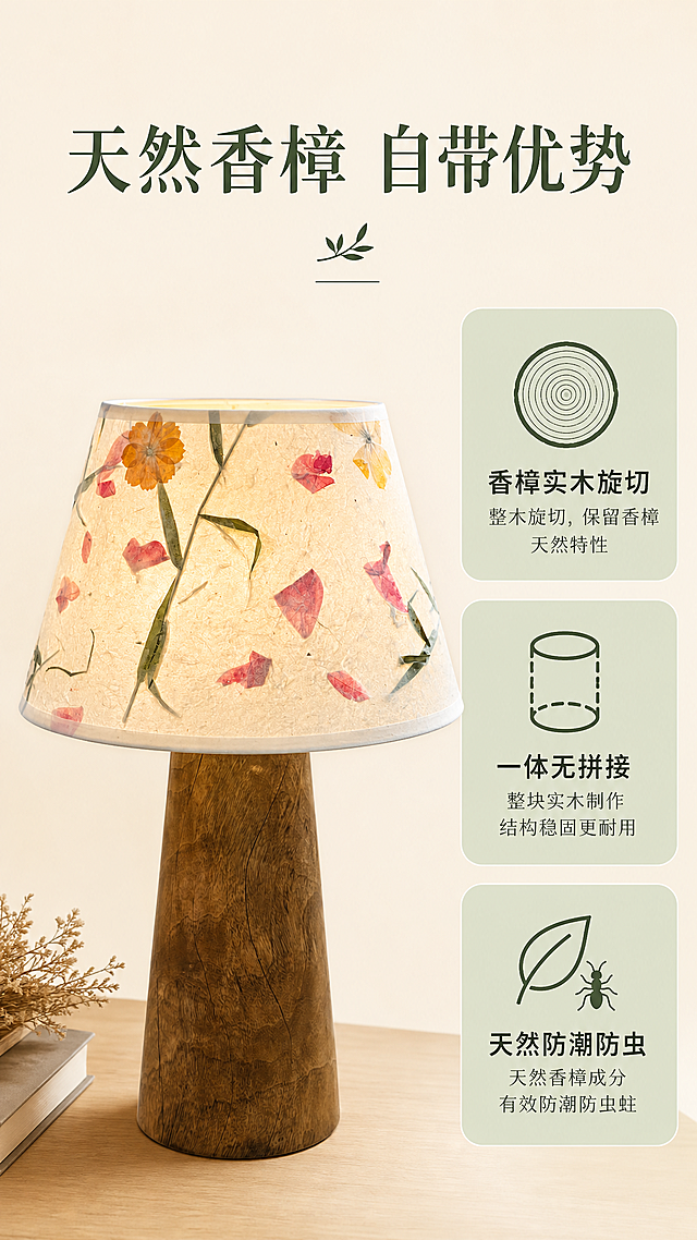 使用商品详情页技能根据商品图「图片1」「图片1」「图片1」「图片1」生成详情页，参考图为，商品名称为实木小众床头灯，卖点为香樟实木旋切，无拼接，防潮防虫，两款灯罩可选，干花压花灯罩，以真实花草压制成型，将自然花草永久定格。，适配平台为抖音/快手，图片比例为9:16，需求屏数为8张，保留产品原本的形状，产品参数用刻度线的形式呈现，高约47cm，底座直径约15cm，灯罩直径20cm
