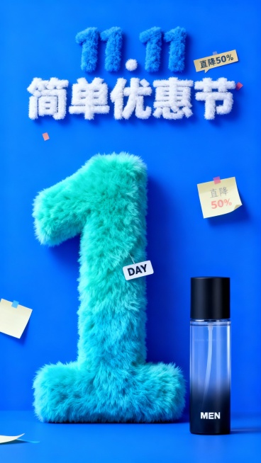 主视觉为一个蓝绿色渐变毛绒材质的“1” ，“DAY”标签位于数字“1”上，商品位于画面右下角，背景是高饱和蓝色结合便签纸元素，画面上方为毛绒主标题“11.11 简单优惠节”，“直降50%”便利贴装饰。预览效果