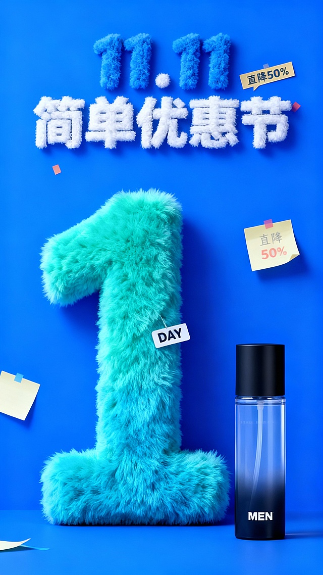 主视觉为一个蓝绿色渐变毛绒材质的“1” ，“DAY”标签位于数字“1”上，商品位于画面右下角，背景是高饱和蓝色结合便签纸元素，画面上方为毛绒主标题“11.11 简单优惠节”，“直降50%”便利贴装饰。