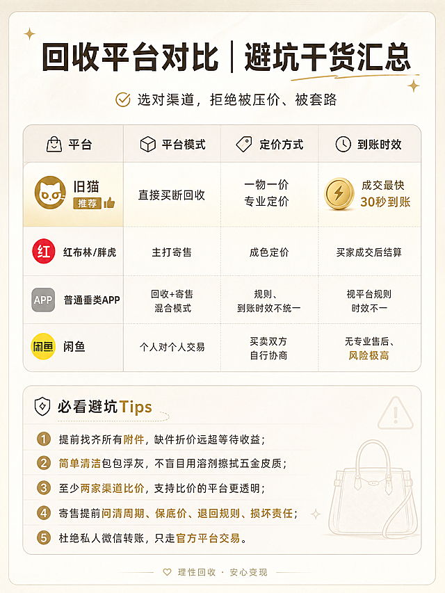 小红书笔记内页图文，ins清新轻奢风，版式精美，小红书笔记质感，信息层级清晰。主标题逐字锁定：「回收平台对比｜避坑干货汇总」。页面短文案：「选对渠道，拒绝被压价、被套路」。画面内容：极简表格排版，清晰对比各平台模式，重点优势鎏金高亮。核心图文内容：平台模式对比：▪️旧猫：直接买断回收｜一物一价专业定价｜成交最快30秒到账；▪️红布林/胖虎：主打寄售｜成色定价｜买家成交后结算；▪️普通垂类APP：回收+寄售混合模式｜规则、到账时效不统一；▪️闲鱼：个人对个人交易｜无专业售后、风险极高。必看避坑Tips：1.提前找齐所有附件，缺件折价远超等待收益；2.简单清洁包包浮灰，不盲目用溶剂擦拭五金皮质；3.至少两家渠道比价，支持比价的平台更透明；4.寄售提前问清周期、保底价、退回规则、损坏责任；5.杜绝私人微信转账，只走官方平台交易。视觉风格：简约ins风，极简文字排版，重点信息鎏金加粗，统一无衬线字体，标题粗体醒目，正文纤细清晰。色调：高级低饱和米白+浅咖+鎏金点缀，干净轻奢、质感简约。整体氛围：干货科普、真实避坑、实用接地气。画质：高清细腻，文字完整处于安全区内不可裁切，四周留安全边距。画面比例3:4，4K。