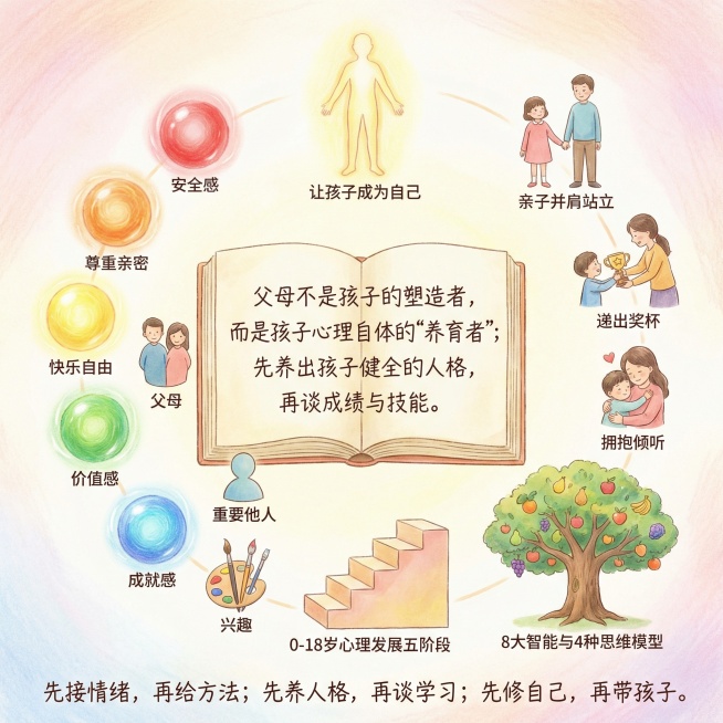 用文字+配图的方式画出下面内容：这本书的核心观点可以概括为一句话：  
“父母不是孩子的塑造者，而是孩子心理自体的‘养育者’；先养出孩子健全的人格，再谈成绩与技能。”

围绕这句话，默薇老师用“533预览效果
