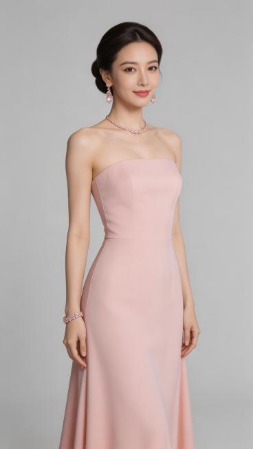 一位气质优雅高贵的美女，身着粉色晚礼服，佩戴配套的精致饰品，纯色背景，整体风格高级优雅预览效果