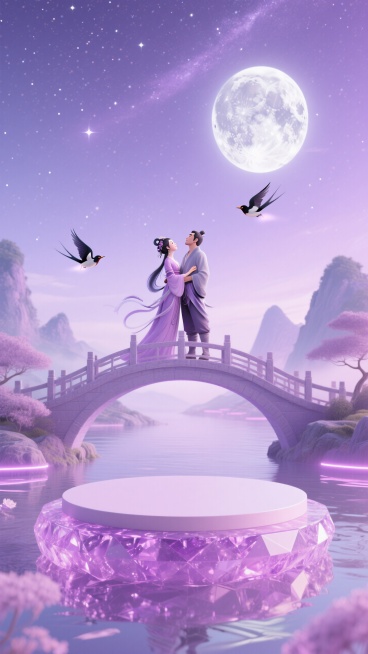 画面主体是淡粉紫色水晶质地圆形空的展台，背景是淡紫色的星空，群星闪耀点缀，山水中间有鹊桥，织女依偎在牛郎怀中桥上看月，一对喜鹊盘旋，银盘似的月亮挂在空中，淡紫柔和色调，霓虹光效。预览效果