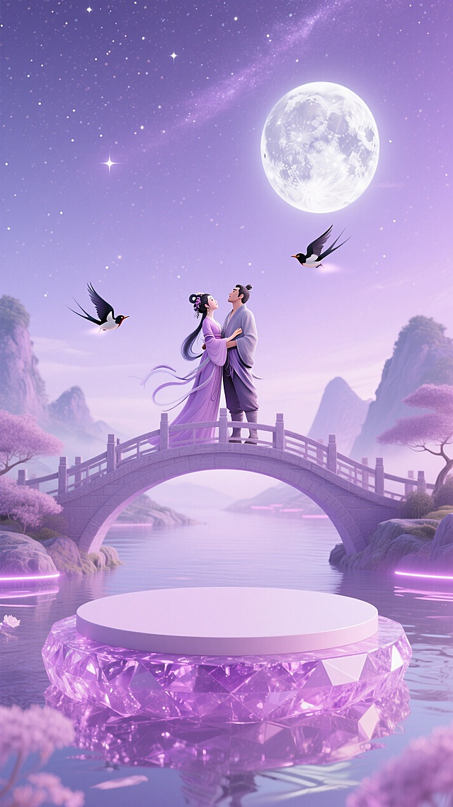 梦幻3D古典场景，牛郎织女桥上相拥，紫月映衬浪漫超现实氛围。