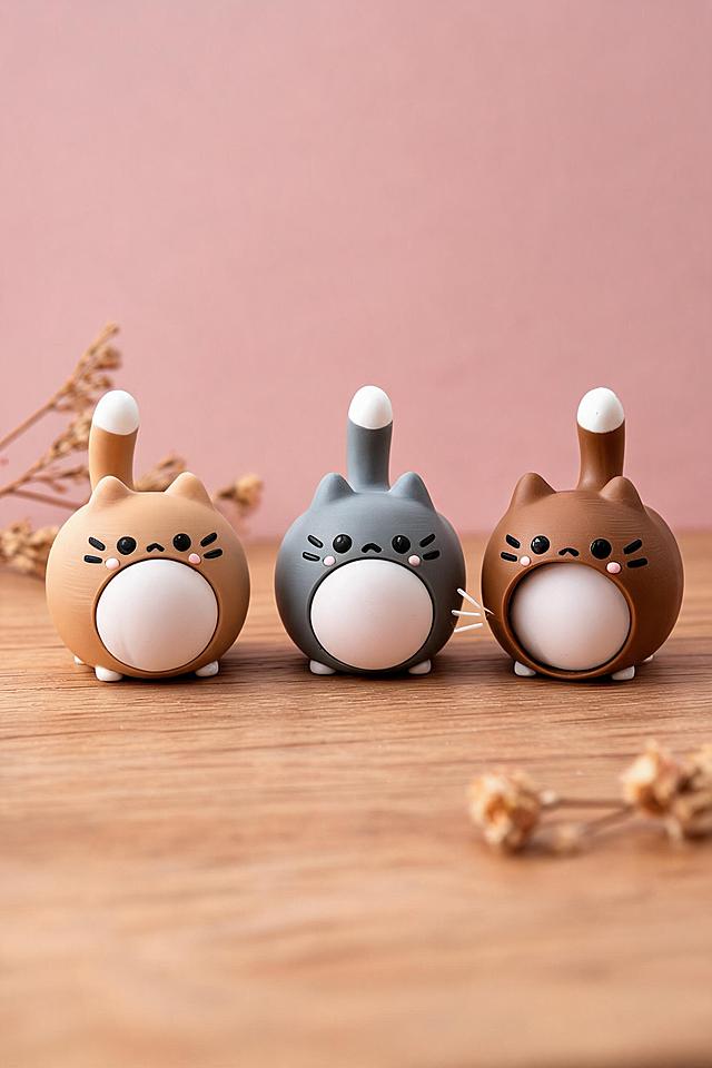 跨境电商主图，解压玩具猫咪屁屁造型摆件，不同颜色款式组合展示，三个不同颜色摆放在一起，突出多样选择，2:3主图构图，高清商业摄影