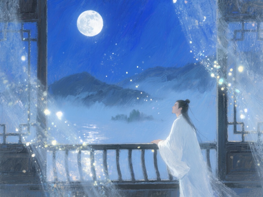 夜晚，一轮皎洁的明月高悬在深蓝色的夜空中，月光如水般洒在古朴的窗台上，一位身着白色长袍的诗人凭栏远眺，眼神中充满对故乡的思念，背景是朦胧的远山和淡淡的云雾，整体画面空灵静谧，充满仙气预览效果