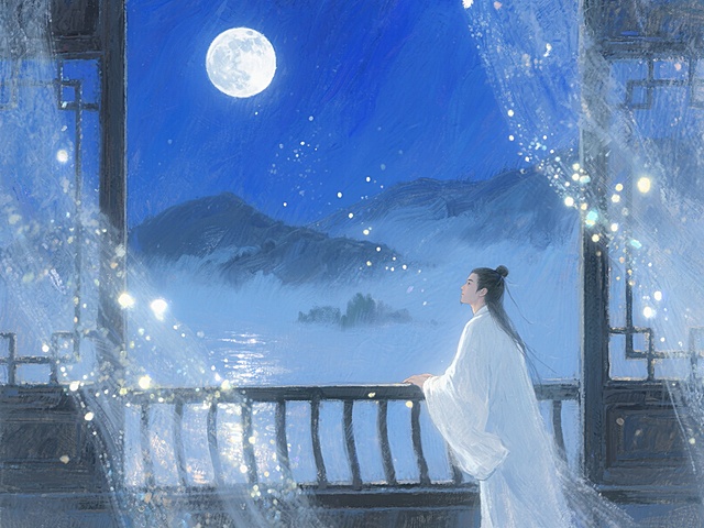 夜晚，一轮皎洁的明月高悬在深蓝色的夜空中，月光如水般洒在古朴的窗台上，一位身着白色长袍的诗人凭栏远眺，眼神中充满对故乡的思念，背景是朦胧的远山和淡淡的云雾，整体画面空灵静谧，充满仙气