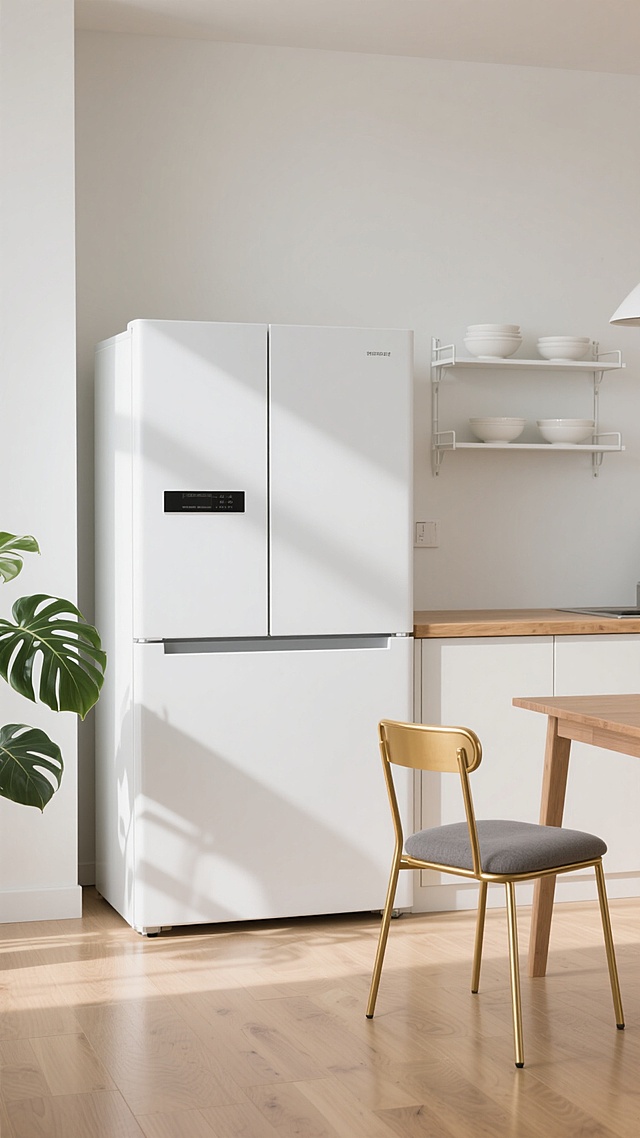 一张现代简约风格的室内场景照片，主体为一台白色的双门冰箱，冰箱表面光滑，线条简洁，位于画面中央偏左位置。冰箱右侧是一个浅色木质台面的橱柜，台面上方墙面安装着白色的金属搁板，搁板上摆放着几个白色陶瓷碗。画面左下角有一把金色金属框架、灰色坐垫的简约餐椅，旁边有一株绿色的龟背竹叶增添生机。整体色调以白色、浅木色和灰色为主，辅以金色金属点缀，营造出干净、明亮、温馨的居家氛围。光线柔和，来自画面左侧，在冰箱和地板上形成淡淡的阴影，凸显物体的立体感。地板为浅色木质，纹理清晰自然。整个场景构图平衡，空间感开阔，细节丰富且真实，具有生活气息和现代家居的舒适美感。