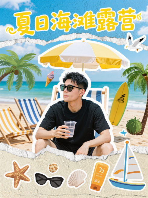 海滩度假主题，黄色手写艺术字大标题“夏日海滩露营”。预览效果