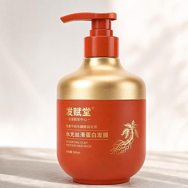 参考上传图的产品瓶身款式和光影效果，生成护发产品商业静物摄影，矮款圆瓶护发发膜，上部是哑光镀金塑料材质，下部是哑光橙色磨砂塑料，泵头盖子是哑光橙色塑料，瓶身金色丝印文字"发赋堂 白发脱发中心 改善干枯毛躁脆弱发质 水光丝滑蛋白发膜 HYDRATING SILKY PROTEIN HAIR MASK 净含量:500ml"和人参线稿图案，文字印刷清晰平整，瓶身不变形，曲面丝印细节完整，产品放置在干净浅灰色台面，柔和暖调侧逆光，极简轻奢洗护产品风格，背景浅白虚化，整体写实高清，自然光氛围，细节拉满，护发产品严格参照上传产品图，完整保留所有可见组件、部件、轮廓、结构、比例、材质、颜色与产品本体上的所有文字信息，与上传图完全一致，产品为第一视觉焦点，主体突出，自然融入场景光影，与场景共处同一物理空间，背景无其他同类产品，严格锁定宽高比为 1:1。