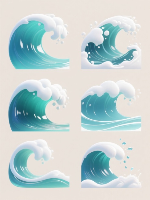 6个不同样式的海浪元素，每个海浪均采用高清数字插画风格，拥有渐变的蓝绿色调，从深蓝到浅蓝过渡自然，浪花呈白色泡沫状，带有半透明质感和细腻的高光反光效果，海浪形态各异，有的呈卷浪状，有的为破碎浪花，有的是平缓波浪，还有的带有溅起的水滴，整体保持统一的卡通化半写实风格，所有海浪元素在浅色背景上以两行三列的方式上下对齐排列，每个海浪之间保持均匀间距，画面简洁干净，无其他装饰元素，突出海浪的动态美感和……预览效果