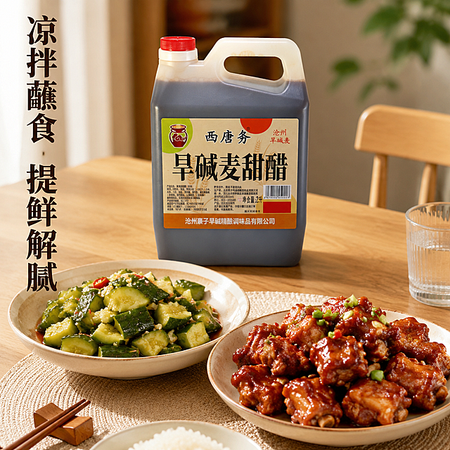 [主图-4] 沧州旱碱麦甜醋日常使用场景图
[氛围风格] 温馨家庭餐桌氛围感，真实生活代入感
[画质] 商业摄影质感，光线柔和通透，画面清晰自然，真实有食欲
[元素] 桶装甜醋放置在北欧风木质餐桌角落，餐桌上摆放一盘用甜醋调制的凉拌黄瓜和糖醋排骨，餐具整洁，整体呈现日常用餐场景。保持甜醋产品包装外观、物理结构、材质质感、颜色与输入产品图一致，杜绝任何变形和色差，精细化处理。甜醋主体占比控制在40%左右，菜品展示占比60%，平衡产品与使用场景
[光影] 室内自然光，柔和明亮，突出菜品色泽诱人，甜醋包装清晰自然，光影层次丰富
[配色] 主色调为木质餐桌浅棕，菜品翠绿酱红，甜醋深褐，整体配色自然温馨，食欲感强
[视角构图] 模拟第一人称就餐视角，略微俯视，餐桌场景自然展开，景深适中，层次清晰
[文字版式] 画面左侧竖排文案「凉拌蘸食 提鲜解腻」深色粗体，不遮挡产品和菜品主体，文字清晰可读
[输出要求] 1:1 比例，文字清晰可辨，超高清商业摄影质感，宽度2048px 高度2048px
[负向提示词] 变形，文字错乱，产品图模糊，背景杂乱，水印，电商平台Logo