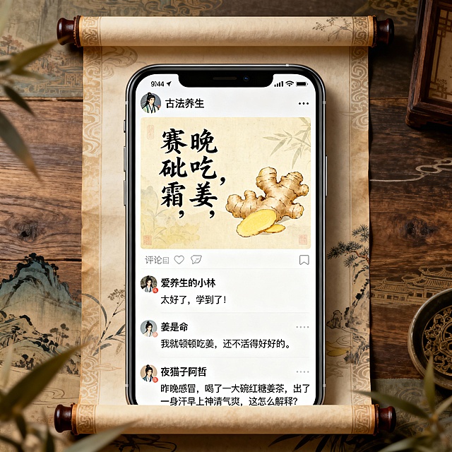 古人朋友圈的感觉，这完全是现代排版风格呀，希望用一个长画卷轴，中间一个手机微信朋友圈截图。界面内容： 名字：古法养生； 内容 晚吃姜，赛砒霜，这句话需要配图 生姜的淡黄色古韵画面。 评论：第一条：“太好了，学到了！”（用户昵称：爱养生的小林）
第二条：“我就顿顿吃姜，还不活得好好的。”（用户昵称：姜是命）
第三条：“昨晚感冒，喝了一大碗红糖姜茶，出了一身汗早上神清气爽，这怎么解释？”（用户昵称：夜猫子阿哲）