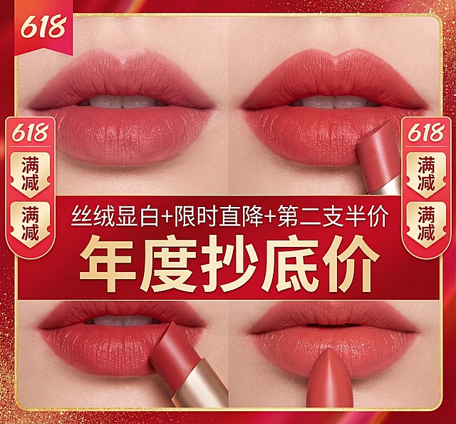 居中聚焦构图，口红实物搭配精致唇妆特写作为视觉核心，两侧点缀618优惠标签与满减标识平衡画面。色彩以高饱和正红为主调，叠加鎏金闪片与浅粉渐变，营造热烈促销氛围。文案突出"丝绒显白+限时直降+第二支半价"核心信息，简洁有冲击力。视觉焦点集中在口红膏体光泽与"年度抄底价"醒目字样，整体简洁吸睛，强化购买欲。