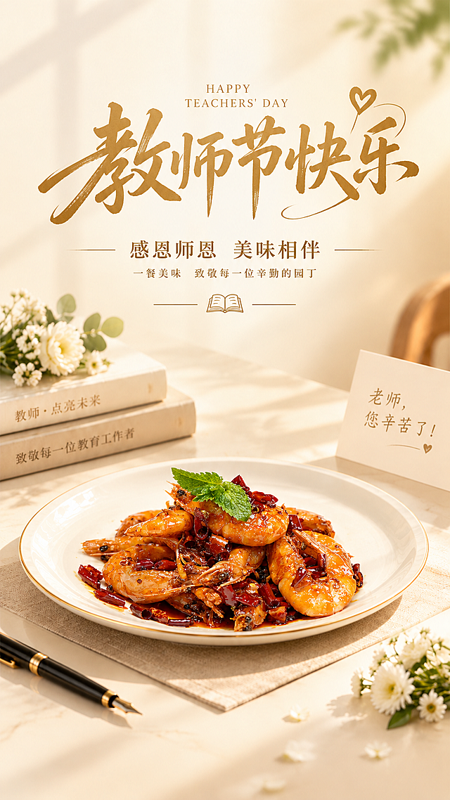 将海报中的牛排菜品替换为香辣大虾菜品，保持原海报的整体构图、暖金色调、教师节文字内容、书本、钢笔、小花、贺卡等所有背景元素和布局不变。大虾菜品摆放在白色金边的盘子中，与原海报的光影、角度、氛围保持一致，高级简约风格，自然融合。