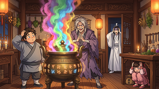 古色古香的木质炼丹房内，一座巨大的青铜炼丹炉立在正中。炉身剧烈震动，炉盖缝隙里喷出七彩浓烟，炉壁上的符文忽明忽暗。师尊（破旧紫袍，花白头发）站在炉前，双手掐诀，表情兴奋中带着癫狂。大师兄（白色道袍）躲在门框后面，双手捂耳，表情惊恐。二师妹（粉色短打）抱头蹲在木桌底下，只露出双丸子头。三师弟（灰色宽袍）站在炉子正前方不到一米处，歪着头看，一脸呆萌好奇，完全不躲。古风室内，暖色烛光+丹炉红光，国潮动漫风，新海诚式光影，暖色调为主，电影级质感，高饱和度，明亮温暖，整体与参考图人物形象背景画面保持一致性