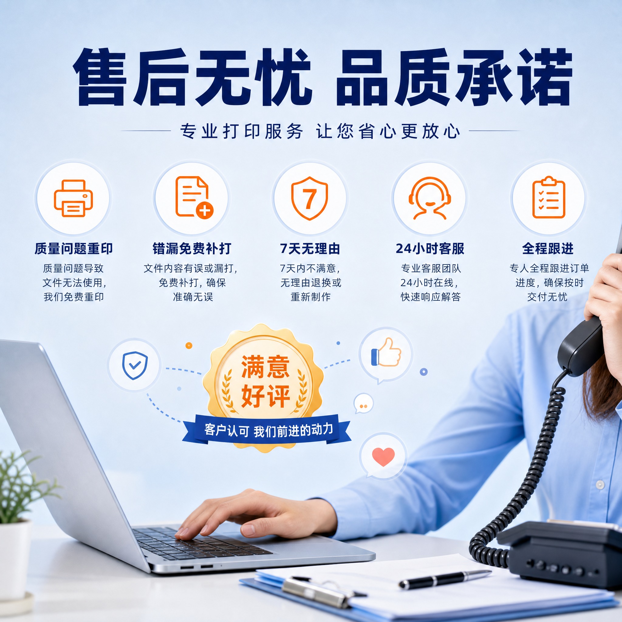 基于参考图的蓝橙配色和打印服务风格，生成一张售后保障服务主图。… - 图片创意预览