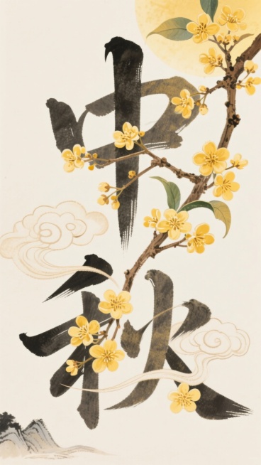 “中秋”书法字图案由桂花花枝和花朵拼贴，文字融入在画面背景中形成完整的视觉，背景是米白色背景，祥云在画面中，水墨预览效果