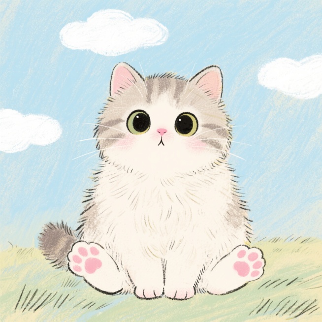 一只可爱的小猫咪，蓬松的毛发，圆溜溜的大眼睛，粉色的小鼻子，爪子肉垫粉嫩，背景是淡蓝色的天空和几朵白云，整体风格温馨治愈预览效果
