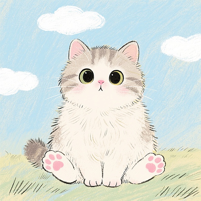 一只可爱的小猫咪，蓬松的毛发，圆溜溜的大眼睛，粉色的小鼻子，爪子肉垫粉嫩，背景是淡蓝色的天空和几朵白云，整体风格温馨治愈