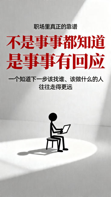 保持和前面一致的简约职场风格海报，标题：职场里真正的靠谱；中间两行大字：第一行“不是事事都知道”，第二行“ 是事事有回应”设置为红色；下方小字：一个知道下一步该找谁、该做什么的人 往往走得更远；画面：预览效果