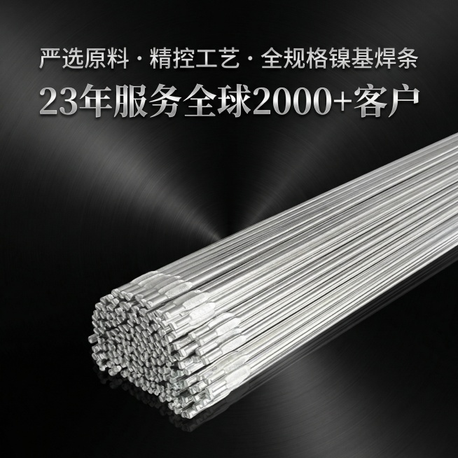 请帮我生成3张主图，文案为严选原料 · 精控工艺 · 全规格镍基焊条｜23年服务全球2000+客户，背景简约高大上预览效果