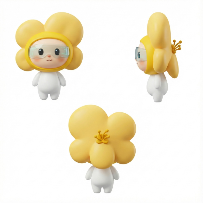 把图片上的吉祥物三个视觉处理成3D效果图，拟人化3D渲染，Q版圆润。

· 形象构思： 以圆形为原型，但进行科技化改造。
正面：头部： 头的边缘一圈是黄色头套和桂花颜色一样，淡黄色头套搭配桂花色圆润花预览效果