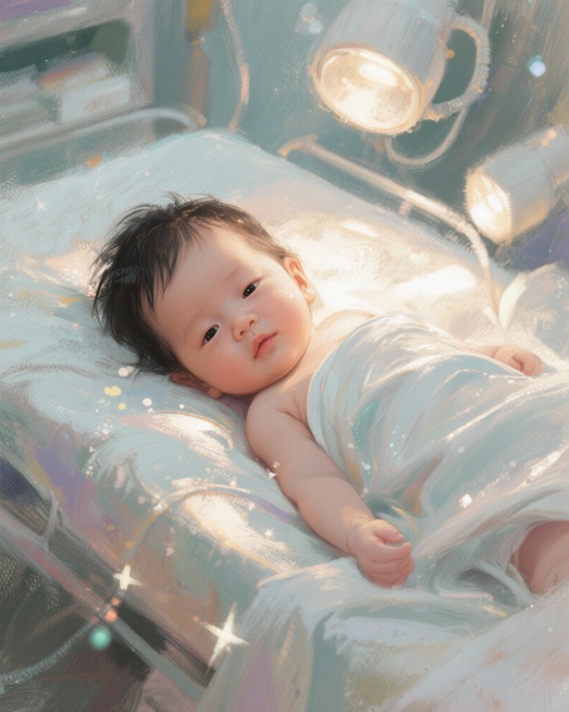 生成一组3张图片，要求画面风格统一唯美，图片1为一个婴儿天使，图片2为在手术台上的小婴儿，图片3为一个没有病痛折磨的小婴儿在天堂幸福的生活，画面中的婴儿人物为中国宝宝要保持一致预览效果