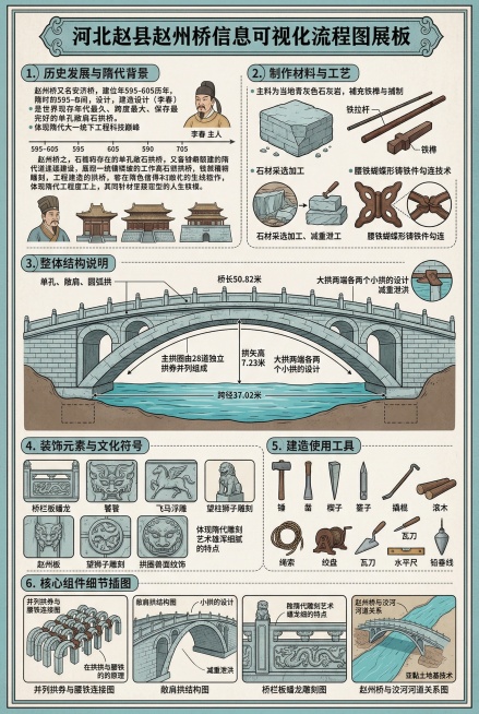 A3大小的河北赵县赵州桥信息可视化流程图展板，整体为复古精致、高信息密度的图解风格，色彩以青石灰岩的浅青灰色、铁质构件深褐色锈迹、河水碧蓝色为主，呈现古朴石材质感。展板包含六个核心板块：1.历史发展与预览效果