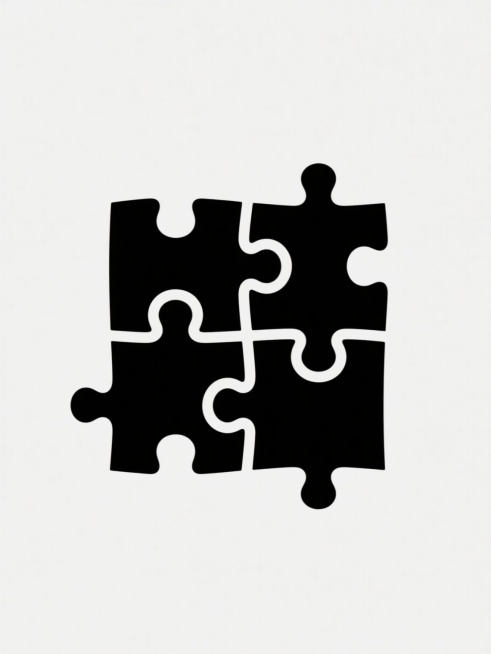 极简风格的四片拼图图标，保持2x2的拼图样式，拼图块边缘为白色线条勾勒，拼图块填充为纯黑色，整体置于纯白色背景上，线条简洁流畅，构图对称平衡，视觉层级清晰，信息传达直接，具有现代设计感。预览效果