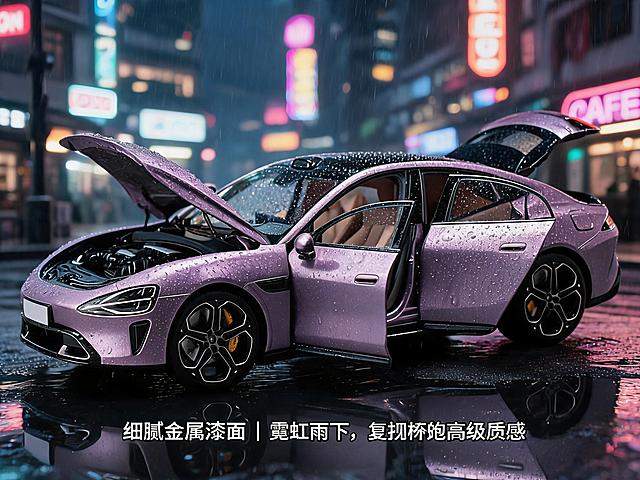 紫色合金轿跑车模在微缩潮湿城市街头，车身喷有少量水雾模拟雨后效果，地面是透明塑料片模拟积水并捕捉车的倒影，背景是迷你霓虹灯牌，侧前方低角度拍摄，镜头贴近地面，背景虚化霓虹灯光，突出车身漆面的反光效果，营造赛博朋克氛围感，添加艺术体文案“细腻金属漆面 | 霓虹雨景下，复刻轿跑高级质感”