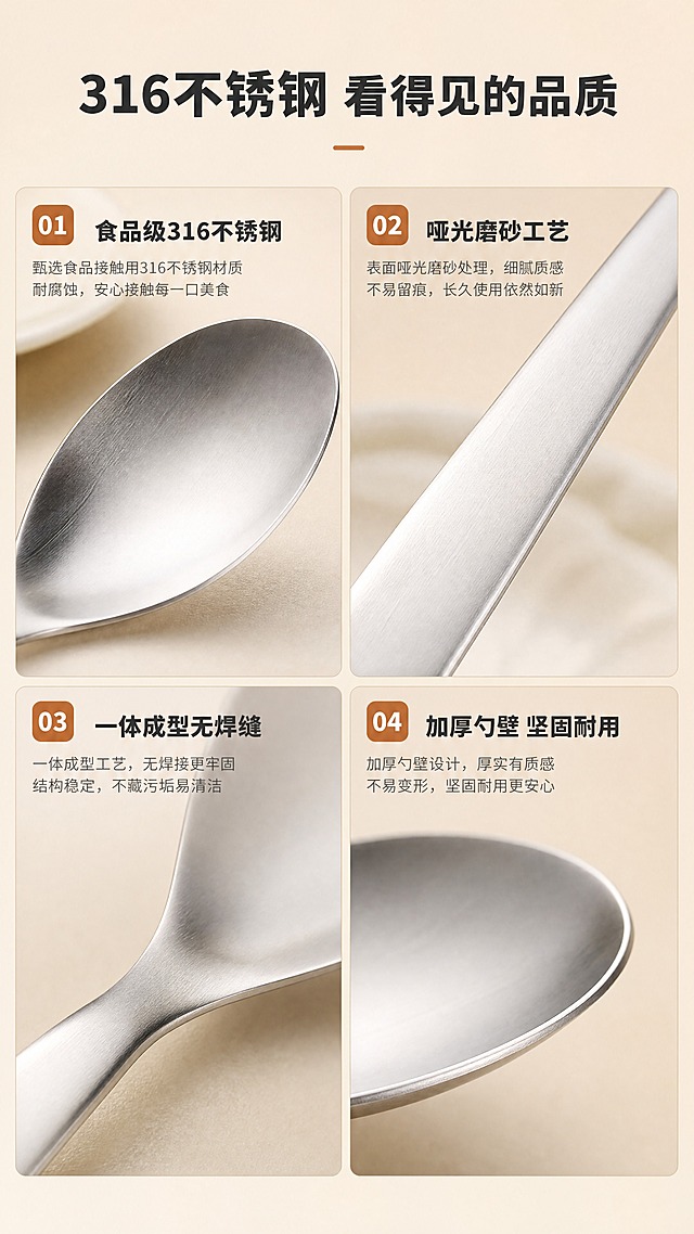 [商品] 使用【图1】316不锈钢平底勺；重点展示勺头内壁、勺柄表面、边缘厚度等材质细节；保留哑光磨砂银色金属质感，不改变材质纹理。
[画面] 页面目标：材质微距细节，突出316不锈钢品质与工艺。构图：四宫格拼图，2×2布局展示4个核心材质细节。主体位置：四格内各占一个局部特写。每格主体占比约70%。景别：微距特写。阅读动线：从上到下、从左到右。前景：金属表面纹理；中景：各部位细节；后景：虚化的暖米色背景。场景：微距材质展示场景。
[视觉] 套系策略：风格=日式简约温暖商业摄影风；标题字=思源黑体粗体；正文字=思源黑体常规；主色=暖米杏；背景延展=基于暖米杏做深浅层级、同色渐变和细腻哑光质感；强调色=暖棕橘，仅用于小面积编号和标签；标题色=深炭灰；正文色=中暖灰；组件=圆角编号卡、细线分割、小标签；光影=侧暖柔光突出金属纹理与质感。
[文字] 顶部主标题「316不锈钢 看得见的品质」。四格分别标注：左上「食品级316不锈钢」、右上「哑光磨砂工艺」、左下「一体成型无焊缝」、右下「加厚勺壁 坚固耐用」。每格底部小字说明，文字清晰不遮挡细节。
[规格] 图片比例9:16竖版，分辨率4K，负向提示：避免变形、错字、文字过小、冷蓝/蓝灰背景、材质失真、出现平台Logo水印。