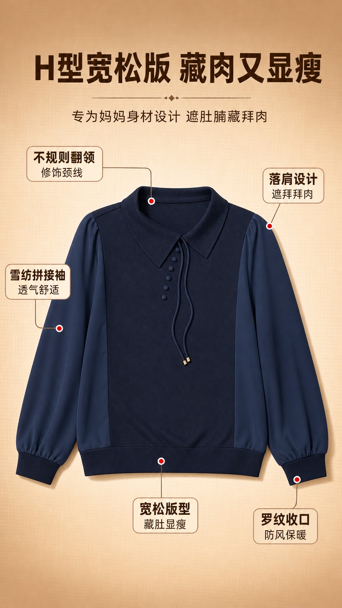 [商品] 使用【图2】藏青色不规则翻领拼接长袖针织衫；商品处理… - 图片创意预览