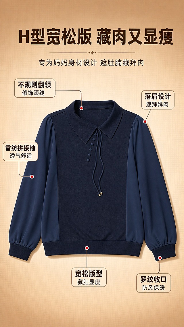 [商品] 使用【图2】藏青色不规则翻领拼接长袖针织衫；商品处理：保留不规则翻领、斜排纽扣、抽绳、针织主体+雪纺拼接袖、落肩袖、罗纹下摆、罗纹袖口、整体版型和藏青色；自然去皱，理顺垂坠，增强面料质感，不改变版型。
[画面] 目标：版型解析页，展示H型宽松版型如何遮肉显瘦。构图：竖版9:16，中间为藏青色针织衫正面全貌，占画面65%；四周用引线标注各部位版型特点。背景：浅棕色渐变背景，带细腻网格纹理，简洁干净。信息载体：引线+圆点标注+短标签。
[视觉] 套系策略：风格=拼多多接地气高级感商业摄影；标题字=粗黑体醒目大字；正文字=清晰无衬线体；主色=深棕色；背景延展=基于棕色做深浅渐变、同色系层次和细腻纹理质感；强调色=大红色，仅用于重点标注和图标；标题色=深棕色；正文色=深褐色；组件=细线引线、圆点标注、信息标签卡；光影=正面均匀柔光，产品清晰立体。
[文字] 主标题"H型宽松版 藏肉又显瘦"（顶部居中，棕色粗体）；副标题"专为妈妈身材设计 遮肚腩藏拜拜肉"（主标题下方）；5处引线标注："不规则翻领 修饰颈线""落肩设计 遮拜拜肉""雪纺拼接袖 透气舒适""宽松版型 藏肚显瘦""罗纹收口 防风保暖"。文字全部横排，字号适中手机可读。
[规格] 图片比例9:16竖版，4K，避免变形、错字、文字过小、冷蓝色调过重、衣服颜色改变、版型失真、拼多多logo/水印。