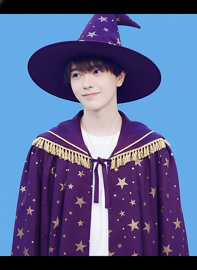 梦幻感与可爱感交织，唯美动漫风搭配轻拟物设计，紫色星纹魔法袍点缀金边流苏，面料质感细腻，节日氛围浓郁。