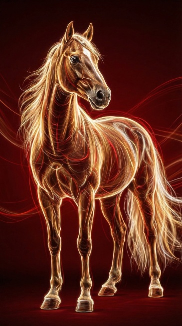 一匹健壮的成年马，头部轮廓清晰，耳朵竖立，眼睛明亮灵动，颈部修长微拱，浓密顺滑的鬃毛垂至肩部，背部平直肌肉线条流畅，四肢修长有力关节分明，蹄子结实圆润，长而蓬松的尾巴自然下垂，整体姿态挺拔优雅且充满力预览效果