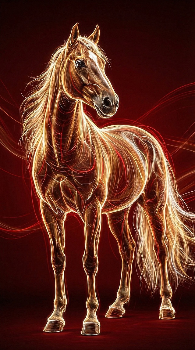 光影交织的描边风骏马，鎏金线条勾勒出梦幻与优雅，霓虹光晕流动于虚拟自然之中，尽显科技感与酷炫之美。