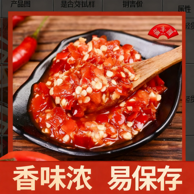 剁椒商品淘宝主图，参考原图配色，展示剁椒，卖点：香味浓，易保存，1:1正方形，淘宝电商风格，食欲感强预览效果