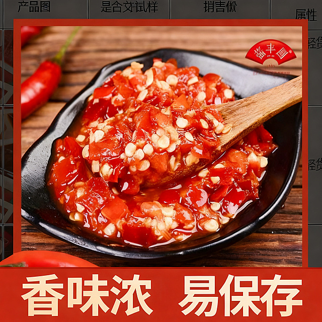剁椒商品淘宝主图，参考原图配色，展示剁椒，卖点：香味浓，易保存，1:1正方形，淘宝电商风格，食欲感强