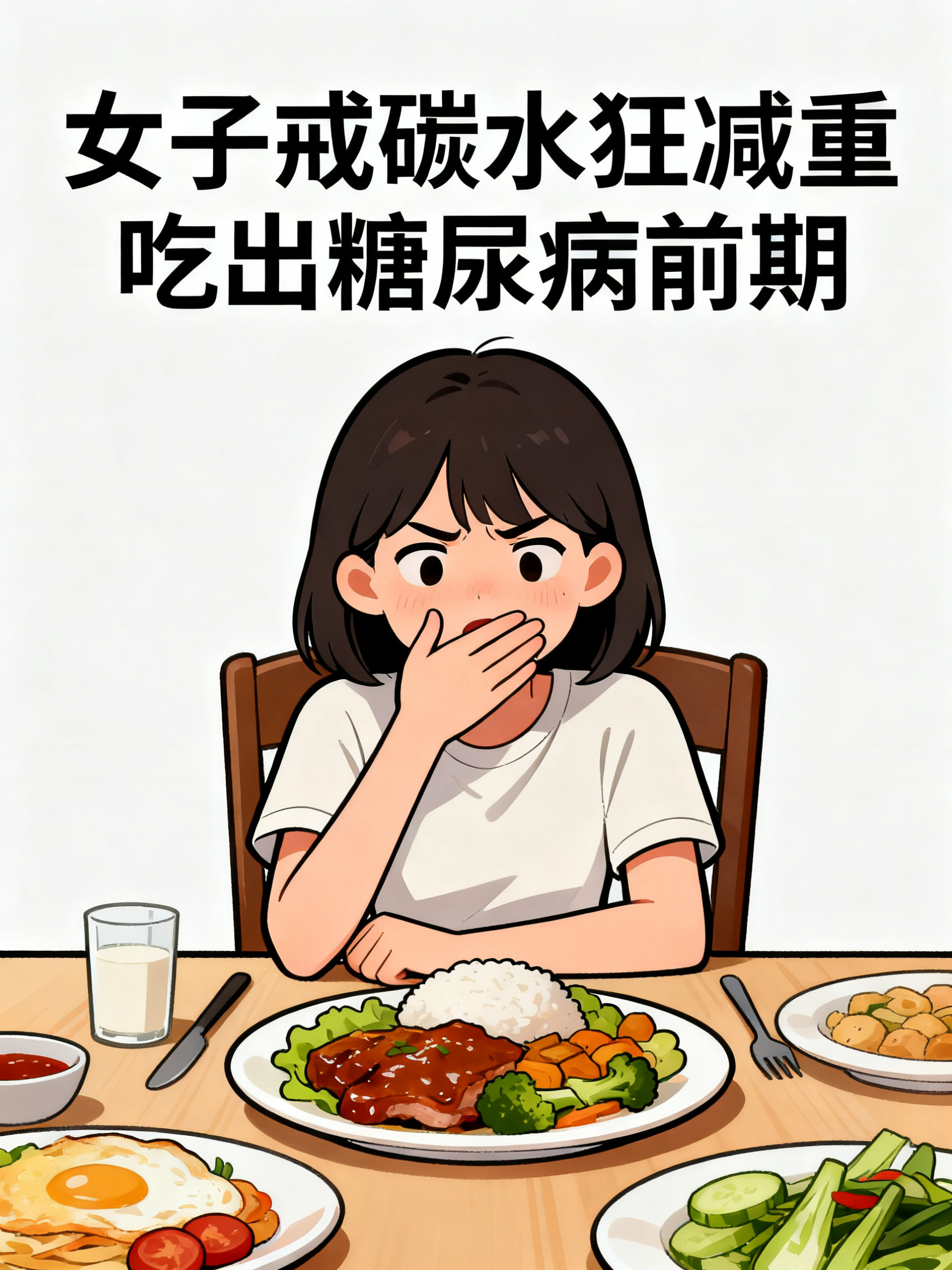 插画风格，一名年轻女生坐在餐桌前，用手捂住嘴巴拒绝面前的食物，… - 图片创意预览