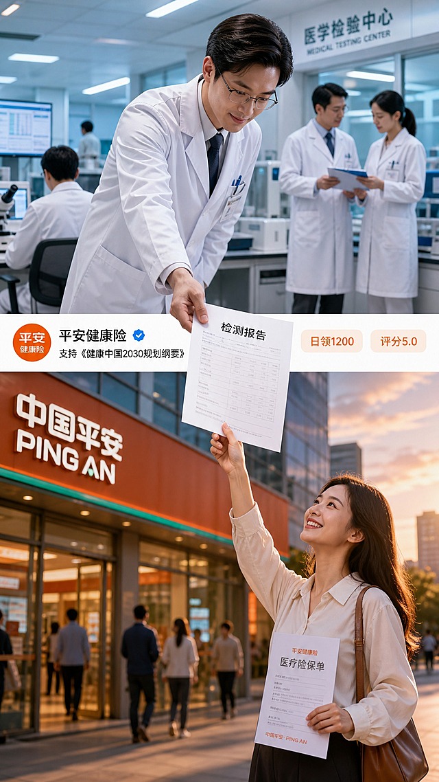 写实商业广告风格的三段式叙事品牌海报，竖版构图，真实柔和光影，高级广告质感，细节丰富，超高清画质。

画面上半部分（约50%高度）：医疗检测中心室内特写场景，真实自然质感。远处有一位医生背对画面坐着查看化验设备，旁边还有几位穿着白大褂的医生在交流讨论患者报告，医疗设备精密专业，室内灯光明亮柔和，医院走廊和检测室环境真实可信。

画面中部（约20%高度）：社交媒体界面通栏，作为上下两个真实场景的分割带。UI简洁、纯白、现代风格。界面左侧有平安健康险logo头像，用户名显示"平安健康险"，旁边有社交媒体认证的蓝色对勾标识。正文文字为"支持《健康中国2030规划纲要》"。右上角有两个标签，浅橙色底色、橙色字体，分别写着"日领1200"和"评分5.0"。社交媒体界面横贯画面中部。

有一位男医生弯腰俯身，上半身从顶部检测中心场景跨越中部社交媒体界面，延伸到底部场景。医生身穿医疗白大褂，戴眼镜，表情专业温和，一只手向下伸去，与画面底部的女性共同握住同一份纸质报告文件。

画面底部（约30%高度）：中国平安门店前的城市场景。一名年轻亚洲女性站在平安门店外，一手高举纸质报告文件《检测报告》，另一只手拿着平安健康险医疗险保单，纸张自然垂落，表情满足自信。背景为真实的中国平安门店建筑外观与轻微虚化的人流，城市暖色光线，黄昏时分的温暖街景。

关键视觉要求：
1. 那份《检测报告》纸质文件位于画面最顶层，由医生和女性共同握住，不能被任何文字和图像遮挡，报告上清晰印有"检测报告"四个字。
2. 整体光影真实柔和，顶部室内医疗冷光与底部室外城市暖光自然过渡，中部社交媒体界面作为视觉桥梁。
3. 人物均为亚洲面孔，形象真实自然。
4. 画面中所有数字必须精确渲染，不得错位、遗漏或编造。
5. 画面中所有信息区域必须填充完整合理的内容，不得出现空白框或占位。
6. 画面中不要出现二维码。
7. 版式精美，构图平衡，高级商业广告质感。

画面中必须完整呈现以下文字信息：
- "平安健康险"（用户名，带蓝V认证对勾）
- "支持《健康中国2030规划纲要》"
- "日领1200"
- "评分5.0"
- "检测报告"