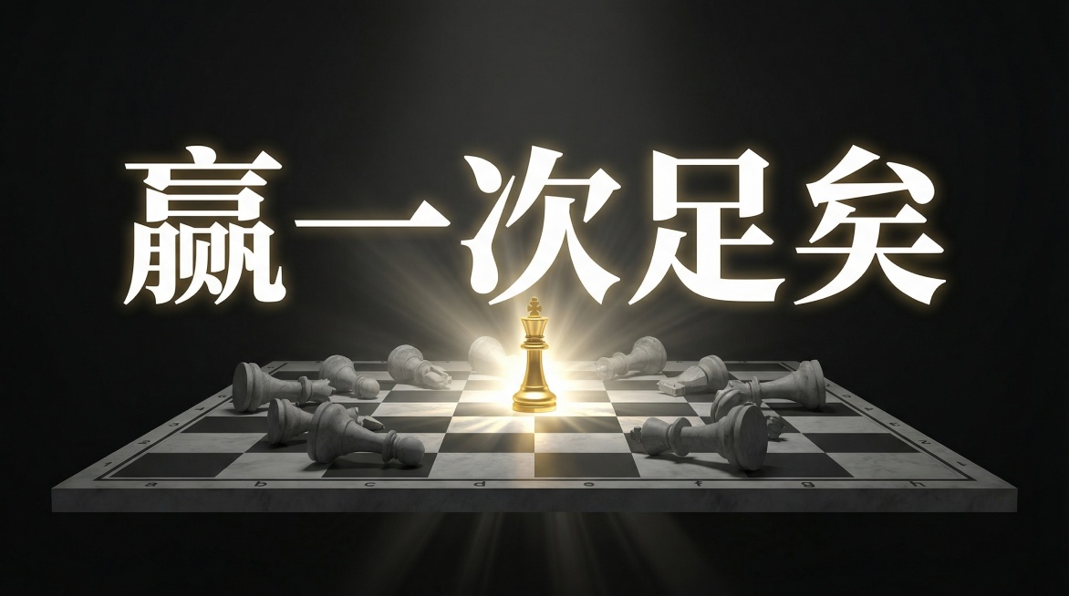 [image-极简主义3D渲染。背景是深邃的【哑光黑】。画面中央是一个巨大的棋盘。棋盘上布满了倒下的、破碎的灰色棋子（代表无数次失败）。唯独在棋盘中心，立着一枚散发着耀眼光芒的【纯金棋子】（代表那一次预览效果