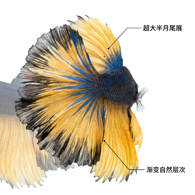 [主图 2] 核心亮点展示，斗鱼夸张尾部细节特写。
[氛围风格] 干净简约商品细节展示风格；
[画质] 微距商业摄影质感，超高清细节，光线通透，画面干净高级。
[元素] 将原有背景替换为纯白色干净背景预览效果