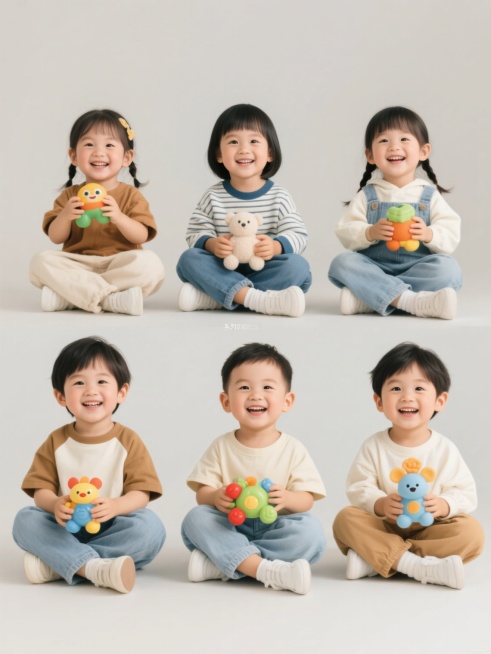 六个不同造型、不同性别的儿童系列素材集合，每个儿童都穿着不同款式的休闲服装，手持不同的玩具，坐在纯色背景上，保持高清写实的摄影风格，光线明亮柔和，色彩自然清新，人物表情生动可爱，整体画面规整排布，呈现出温馨欢快的氛围。预览效果