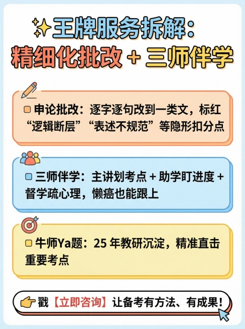你是最强大脑，把这个文案制作成小红书调性的文章配图海报，画面风格简约活泼一些，底色要白底的
✨王牌服务拆解：精细化批改 + 三师伴学
▫️申论批改：逐字逐句改到一类文，标红 “逻辑断层”“表述不规范”预览效果