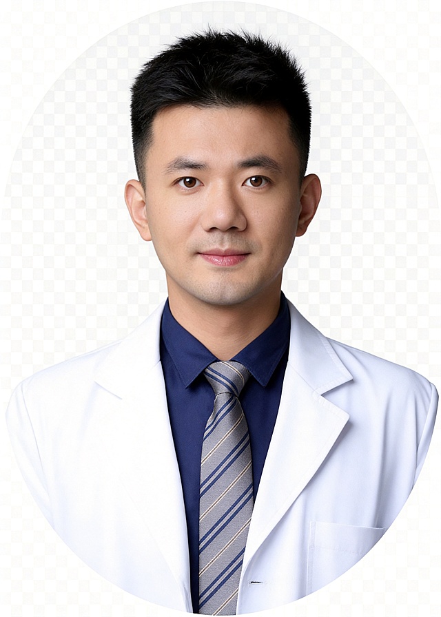 保留第一张图中人物发型、脸型、年龄特征生成标准样式纯正面证件照；人物主体严格居中，头部大小与位置严格对齐第二张图，双肩水平平衡，面部中轴线对齐画面中心，正视前方；标准证件照构图，人物绝对居中；头顶上方距离上边缘高度10%，下巴距离画面下边缘高度30%，人物主体占比约68%；肩部平展与画面水平轴平行；头部占比严格对齐第二张图；保留人物从头部到胸口区域，背景改为透明色，图片裁切为圆形，医生头像居中放置；标准焦段50mm，纯正面，入境范围头部至胸部以上区域，F/4光圈(兼容F/2.8-F/4区间)，平视视角(镜头与人物视线完全齐平)，正视视图；人物绝对居中(居中构图)，位于画面中心；严格限定标准证件照规格；视线水平(瞳孔连线与画面水平线平行)；不戴帽子，无头饰，无发带，不戴眼镜，无胡子，面部无痣，消除面部瑕疵，提亮肤色，消除暗沉，清透裸妆，隐形毛孔，均匀肤色，唇色自然提亮；肤色白皙细腻，肤质呈现匀净哑光质感(自然白皙)；轻透裸妆+重点提亮；唇色润泽(半哑光质地)；眼神澄澈，看向镜头，气质自信，嘴角微微上扬表情自然；耳廓可见度一致；肩部平展，肩线与画面水平轴平行；头肩比例协调呈现；免冠，柔和正面顺光均匀柔光，面部明亮无硬影，背景均匀提亮，画质清晰，零噪点降噪；面部清晰；背景亮度均匀统一；高清锐利画质，细节清晰可见；零噪点处理；色彩还原自然，均匀柔和布光，无明显阴影，面部光影干净，柔光正面打光，自然光影过渡，皮肤质感细腻，哑光质感，专业证件照质感，高清人像质感，细腻皮肤纹理，严格按照第一张图内容生成，分辨率4K，画面比例5:7