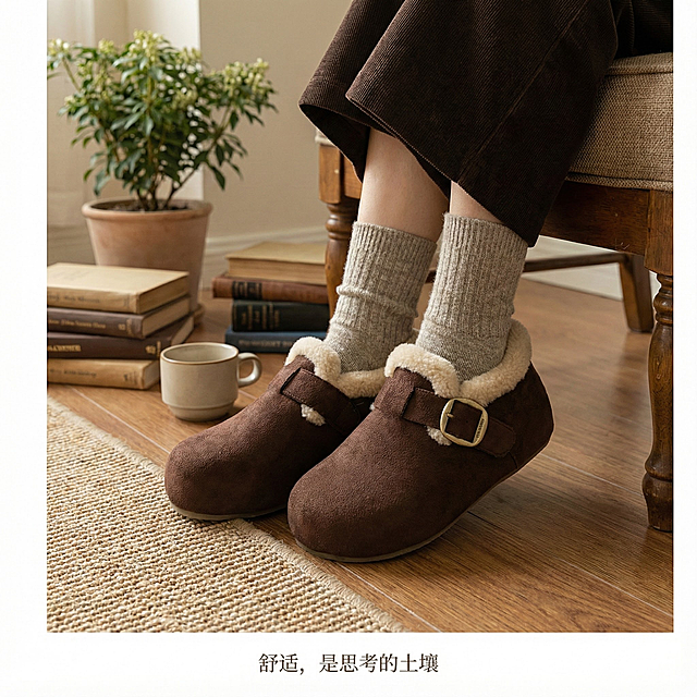 穿搭场景 - 书房一隅

构图：场景化构图。鞋子穿在模特脚上（只露出小腿以下），模特坐在一张复古的书桌椅前，踩在温暖的剑麻地毯或原木地板上。

画面：焦点在鞋与脚部。模特穿着米色或灰色的精纺羊毛袜。背景虚化，可见堆叠的书籍、一个简约的陶瓷咖啡杯和一片绿植（如马醉木）。

氛围：居家、放松、沉浸于阅读与思考的时刻。图片底部可加一行小字：「舒适，是思考的土壤」。